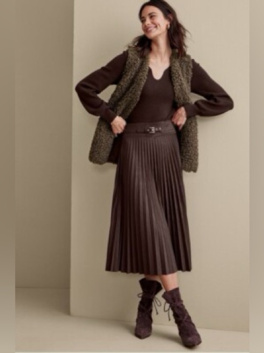 Laffaire Pleated Brown Faux Suede Midi Skirt with Belt, Size Small - Picture 4 of 12